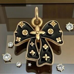Luxury LV stamped Black Enamel Bow Pendant charm/ zipper pull with Gold Accents